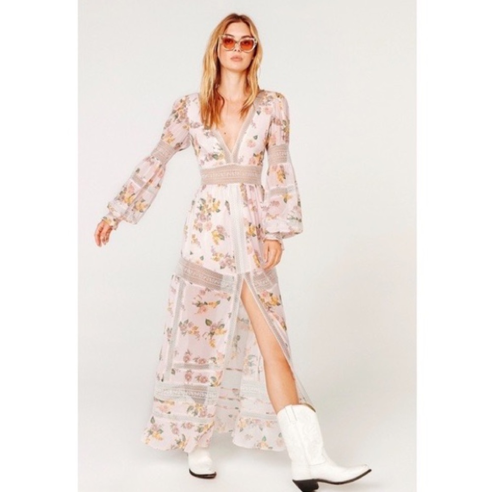 For Love & Lemons Rosa Maria lace silk long floral dress